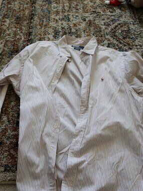 Polo by Ralph Lauren Men's White Shirt with Light Brown Pinstripes